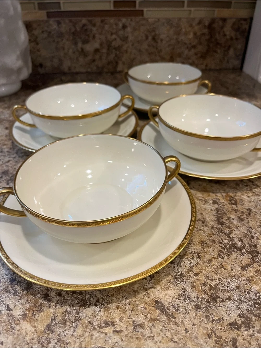 Black Knight Cream and Gold Trimmed Double-Handled Soup Cups with Saucers